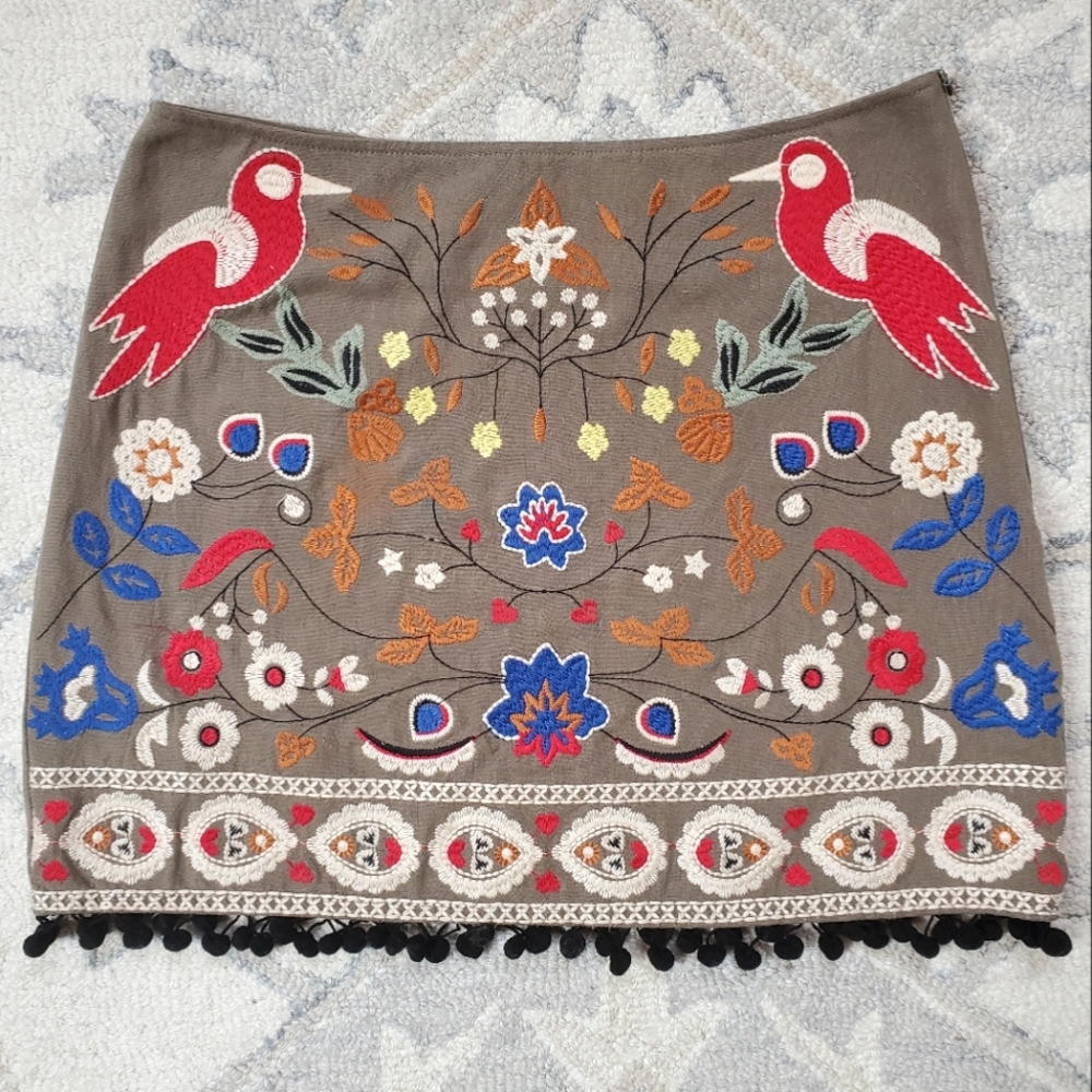 Altar'd State Army Green Embroidered Skirt, Size Small